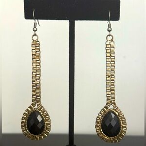 Vintage Inspired Goldtone & Black Faceted Gemstone Teardrop Statement Earrings